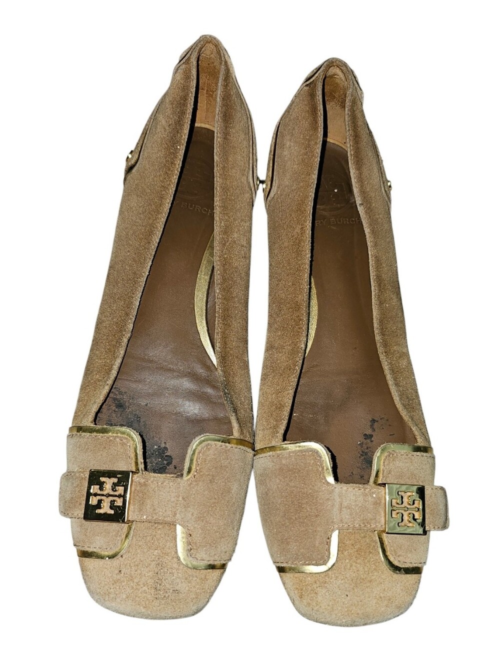 💰Tory Burch Beige/Tan Suede Logo Buckle Flats